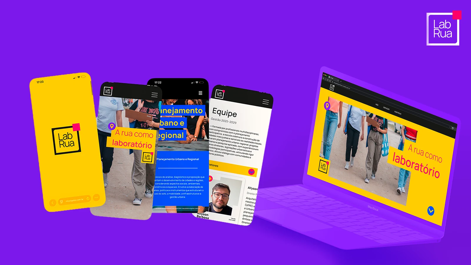 Telas do site do LabRua em celulares e notebook sobre fundo roxo, com o logotipo no canto